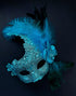 Womens masquerade mask with feathers in turquoise.
