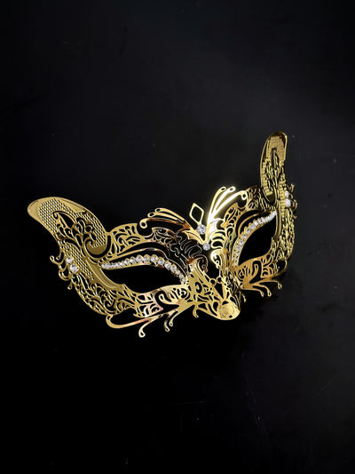 Women's metal fox masquerade mask in gold with rhinestones for sale.