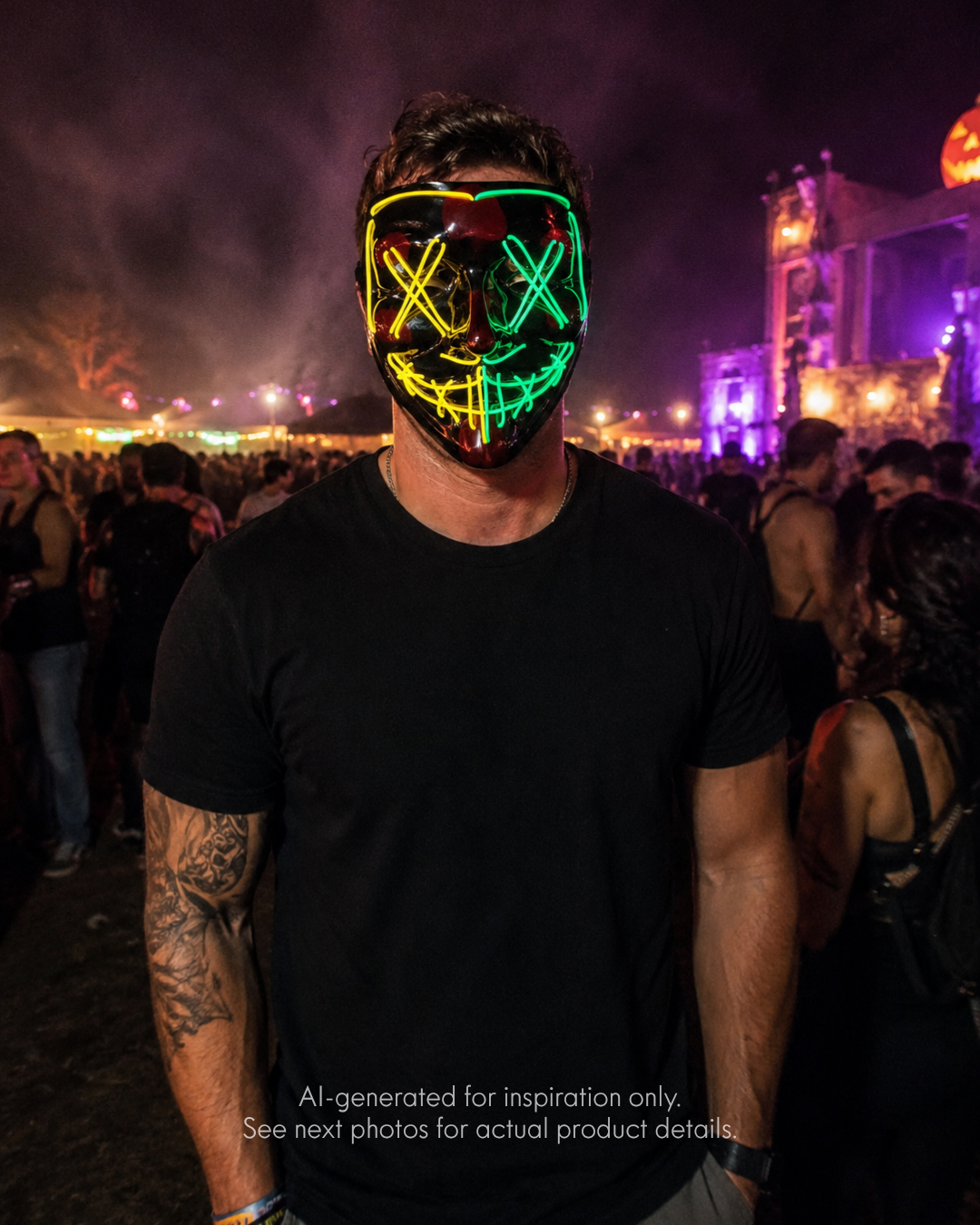 Yellow Green Fusion Voltage LED mask with split yellow and green glow, crossed eyes, stitched smile, replaceable battery, and three settings.