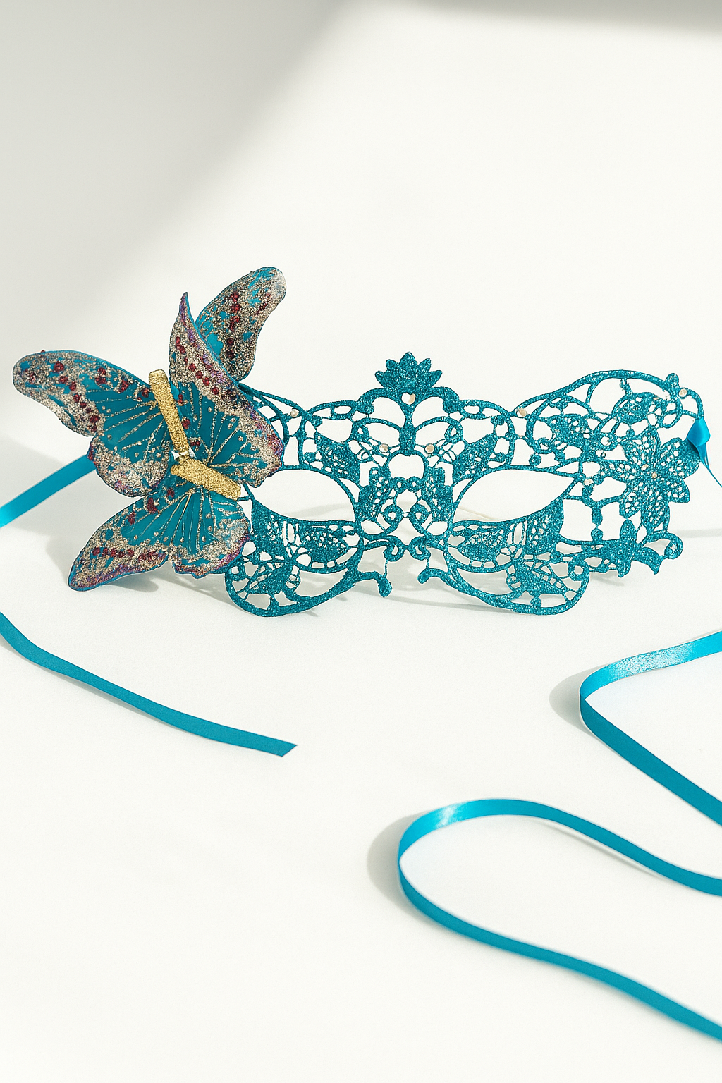 Aqua blue lace masquerade mask with butterfly accent, elegant lace mask for women, prom, masquerade parties, and costume events.