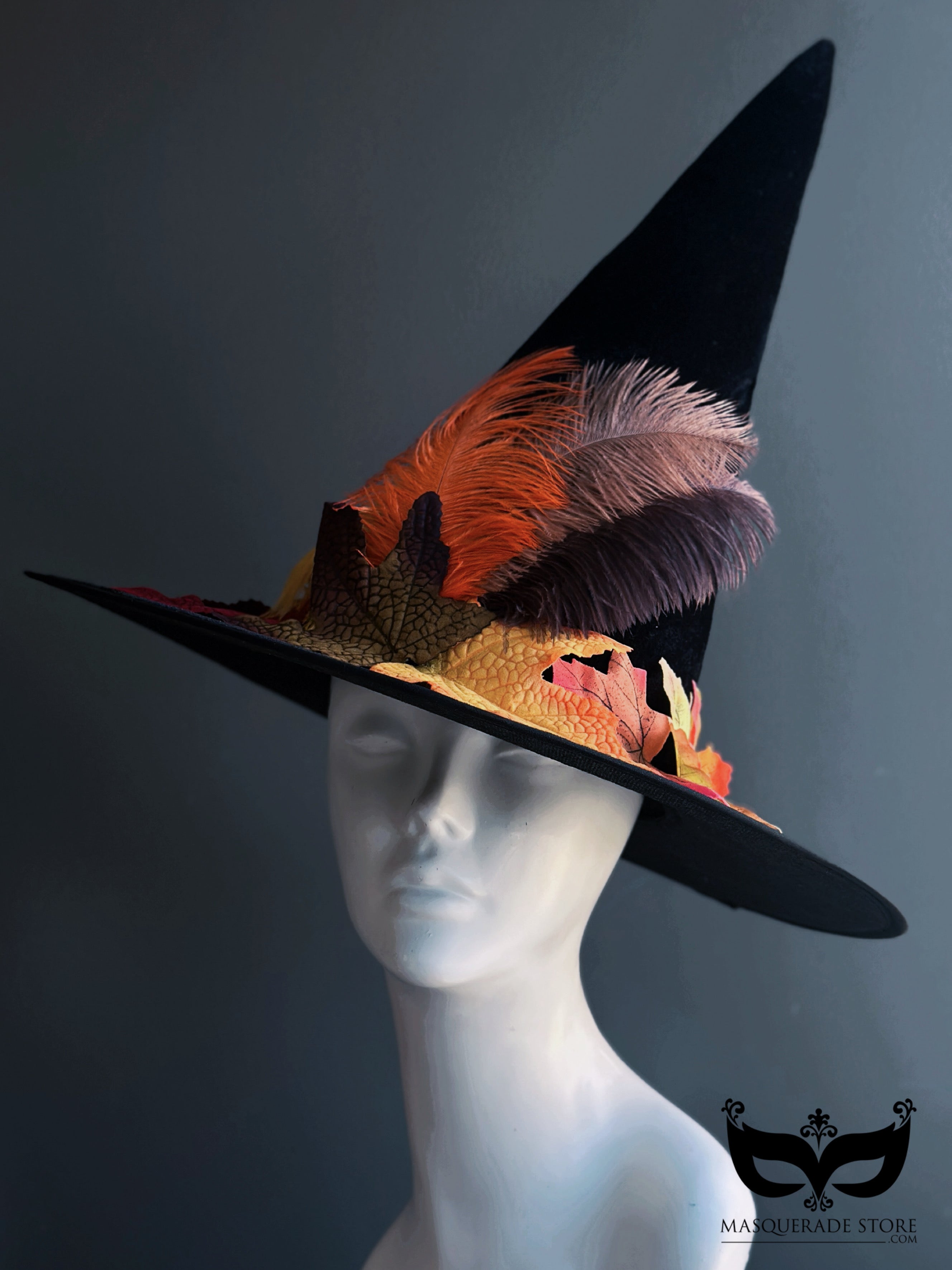 Black witch hat with multicolor fall leaves and feathers—autumn festival or Halloween-ready.