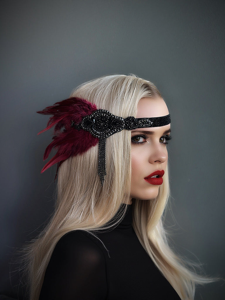 Black and red feather flapper headband with beaded accents and tassels, perfect for Gatsby-themed parties and elegant occasions.