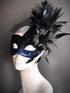 Elegant masquerade mask in black and blue with feathers, rhinestones, and veil for carnival, prom, and masquerade ball.