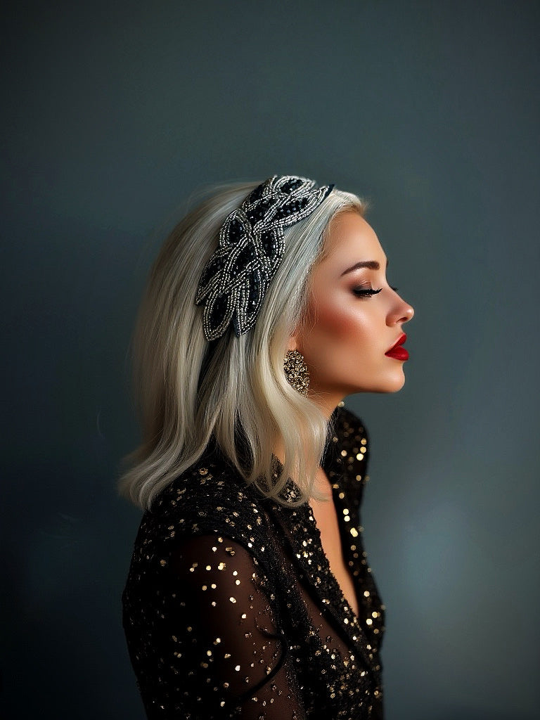 Elegant black crystal floral headband with silver accents, perfect for weddings and formal events.