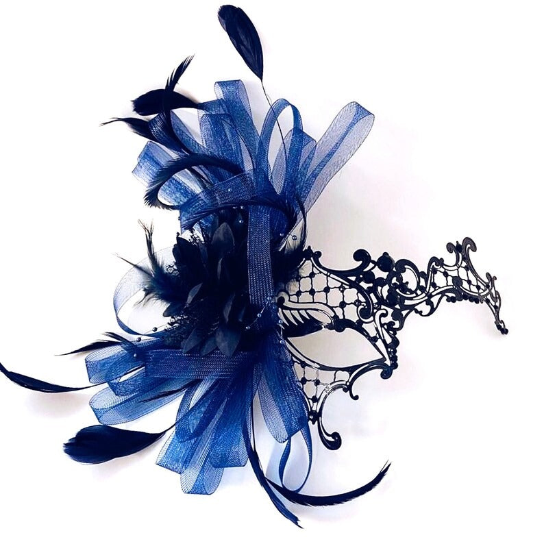 Black filigree masquerade mask with navy feathers and rhinestones, ideal for weddings, Venetian balls, and masquerade parties.