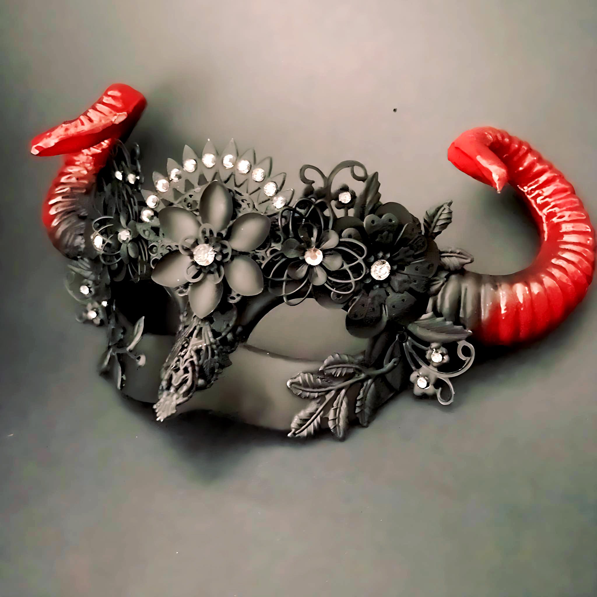 Women’s black floral filigree masquerade mask with crystal accents
