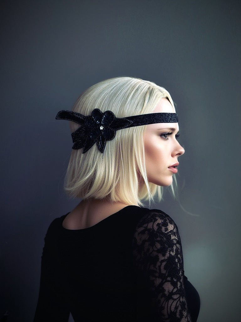 Elegant black vintage headband with floral sequins and rhinestones, ideal for Gatsby parties and masquerade events.