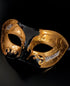 Black and gold Venetian masquerade mask with music notes for men’s opera, Carnival, and masquerade costumes.