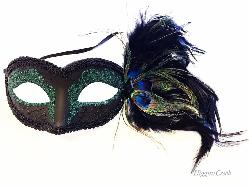 Black and green masquerade mask with glitter accents and peacock feathers, perfect for prom, weddings, and masquerade balls.