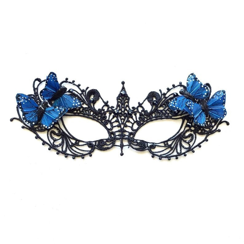 Black lace masquerade mask with blue butterflies, elegant lace butterfly eye mask for women, masquerade ball, prom, and costume parties.