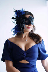 Midnight Serenade black lace masquerade mask with blue feathers, perfect for prom, weddings, and masquerade balls.