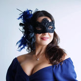 Midnight Serenade black lace masquerade mask with blue feathers, perfect for prom, weddings, and masquerade balls.