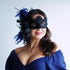 Midnight Serenade black lace masquerade mask with blue feathers, perfect for prom, weddings, and masquerade balls.