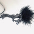 Midnight Plume black lace masquerade mask with feather detail, gothic Venetian style for prom, carnival, or masquerade ball.