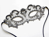 Elegant black lace masquerade mask with rhinestone details for women’s prom, ball, or party.