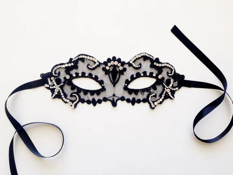 Elegant black lace masquerade mask with rhinestone details for women’s prom, ball, or party.