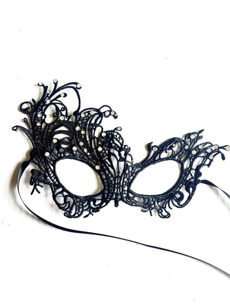 Elegant black lace masquerade mask with rhinestones, ideal for Halloween, proms, and Venetian masquerade balls.