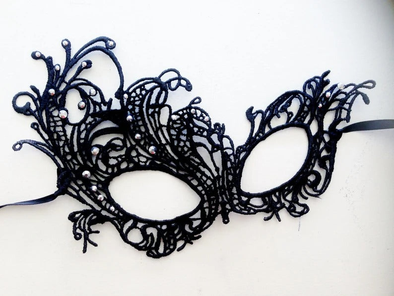 Elegant black lace masquerade mask with rhinestones, ideal for Halloween, proms, and Venetian masquerade balls.