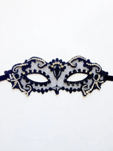 Elegant black lace masquerade mask with rhinestone details for women’s prom, ball, or party.