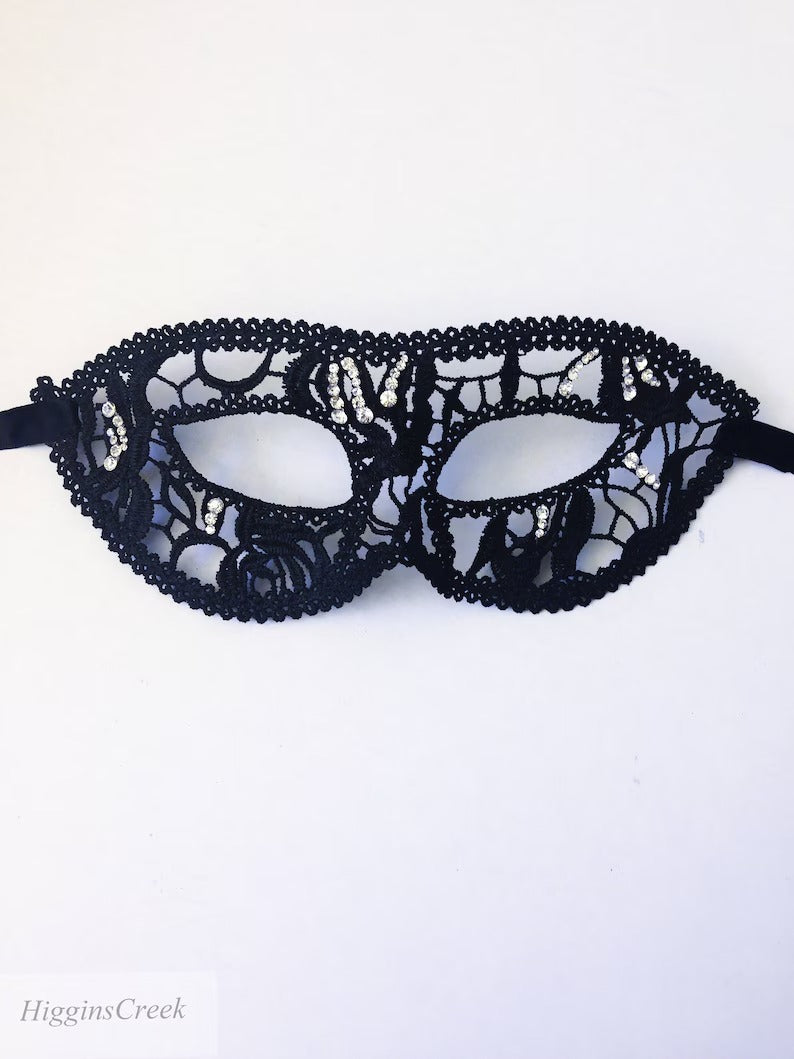Elegant black lace masquerade mask with rhinestones, women’s lace eye mask for masquerade balls, weddings, proms, Halloween, and costume parties.