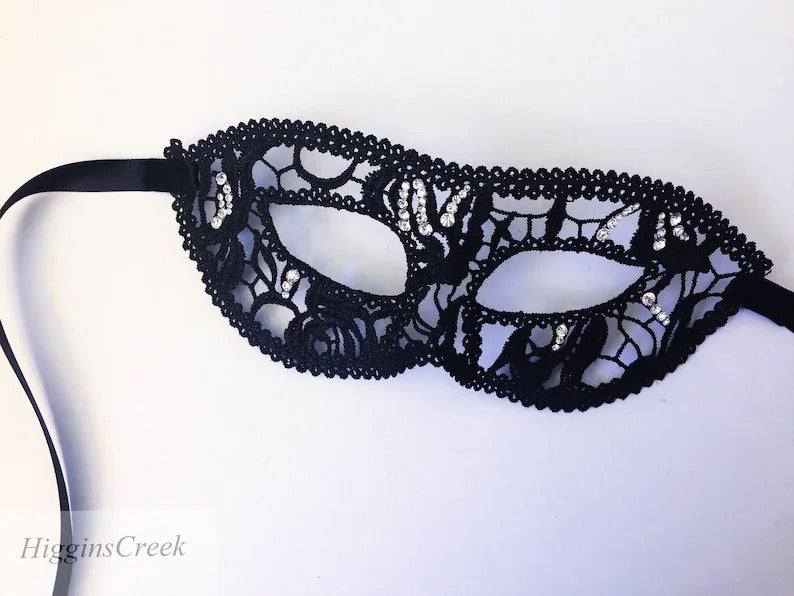 Elegant black lace masquerade mask with rhinestones, women’s lace eye mask for masquerade balls, weddings, proms, Halloween, and costume parties.