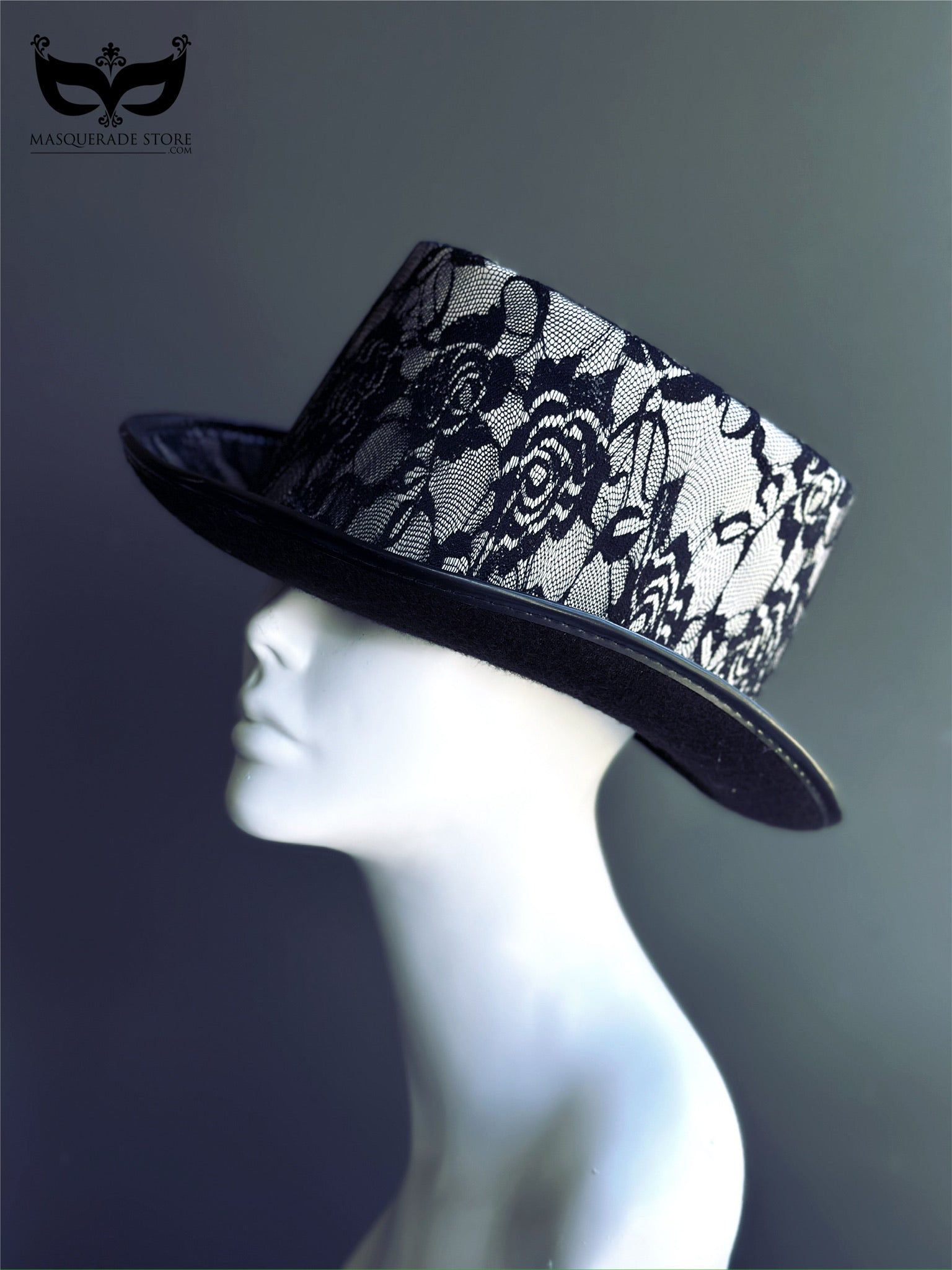 Black velvet top hat with sheer floral lace overlay, perfect for gothic formalwear or costume use