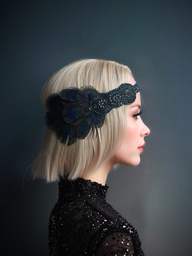 "Black headband with iridescent peacock feathers and intricate beadwork, perfect for masquerade balls or Gatsby-themed events."