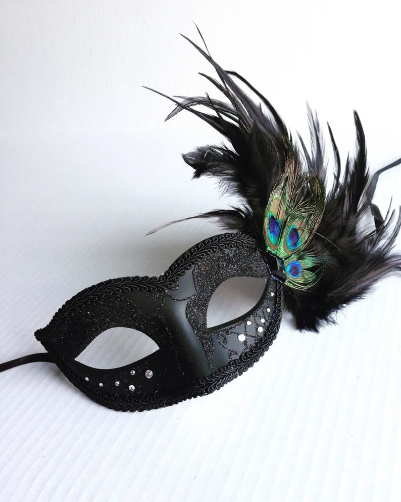 Elegant black masquerade mask with rhinestones and peacock feathers, Venetian feather mask for parties and events.