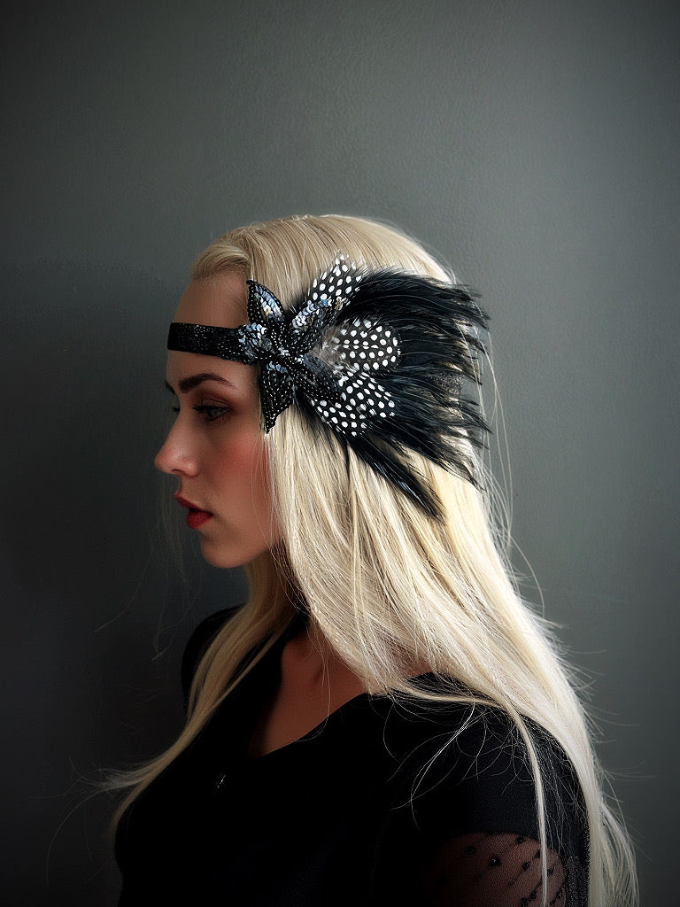 Black Gatsby headband with polka dot feathers and beaded accents, perfect for vintage-inspired and elegant events.