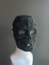 Black rhinestone-encrusted skull mask with a full-face design, ideal for gothic masquerades, Halloween, and statement costume wear.