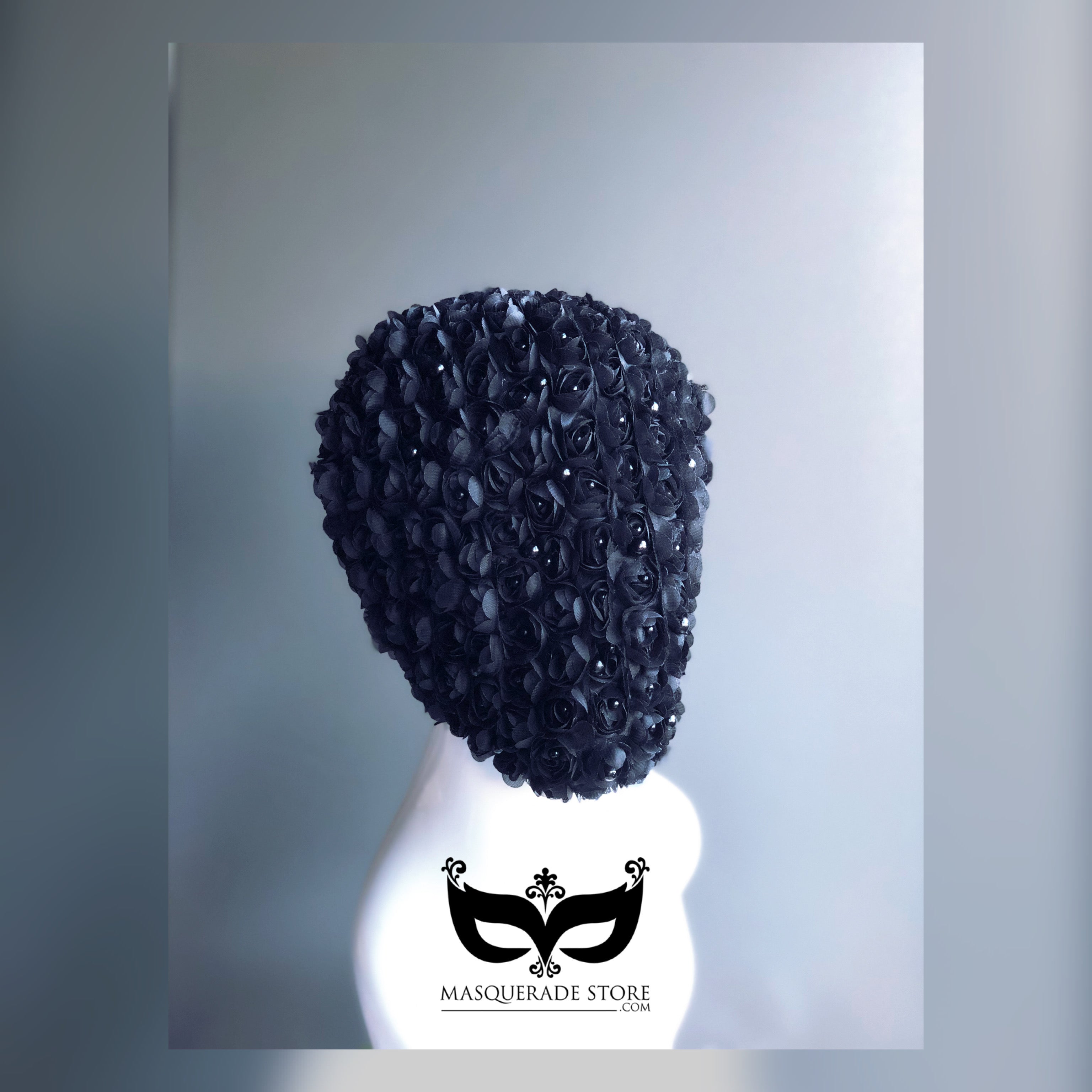 Black full-face mask covered in layered roses with pearl accents, perfect for masquerade balls, gothic events, and statement couture fashion.