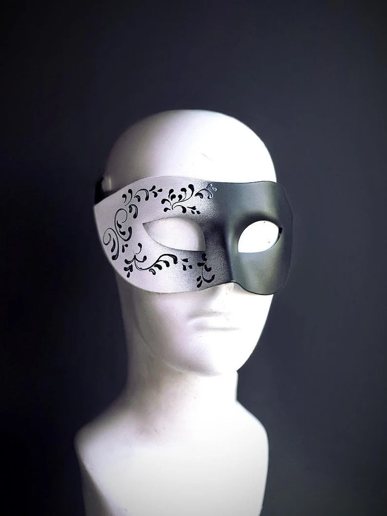 Black and silver Venetian masquerade mask with swirl detail, men’s elegant half-face mask.