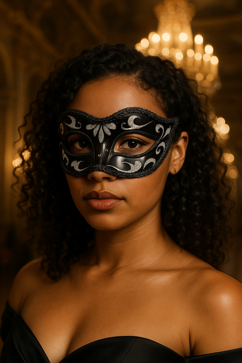 Black and silver masquerade mask for women with elegant filigree design.