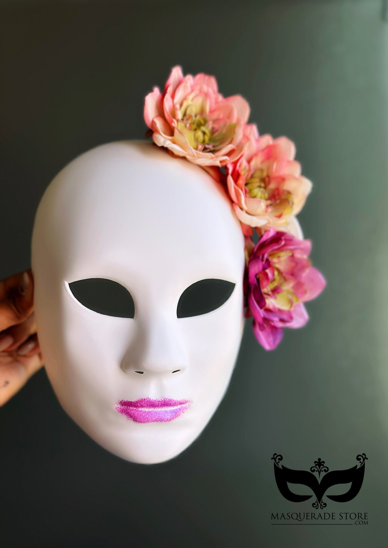 Full face white masquerade mask with large pink flowers and vivid lips for cosplay, party or performance