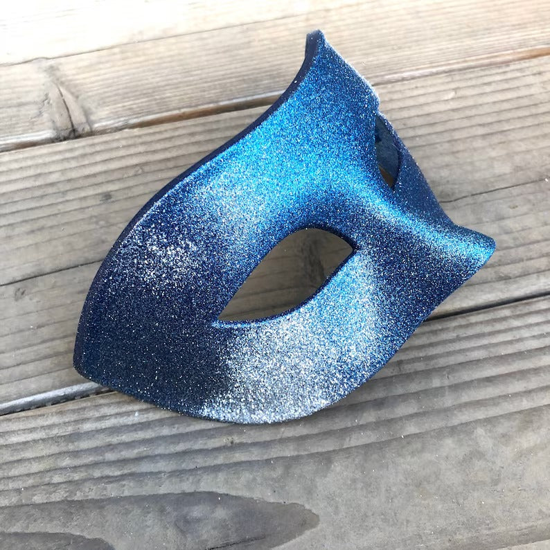 Blue glitter masquerade half-face mask, sparkly unisex party mask.