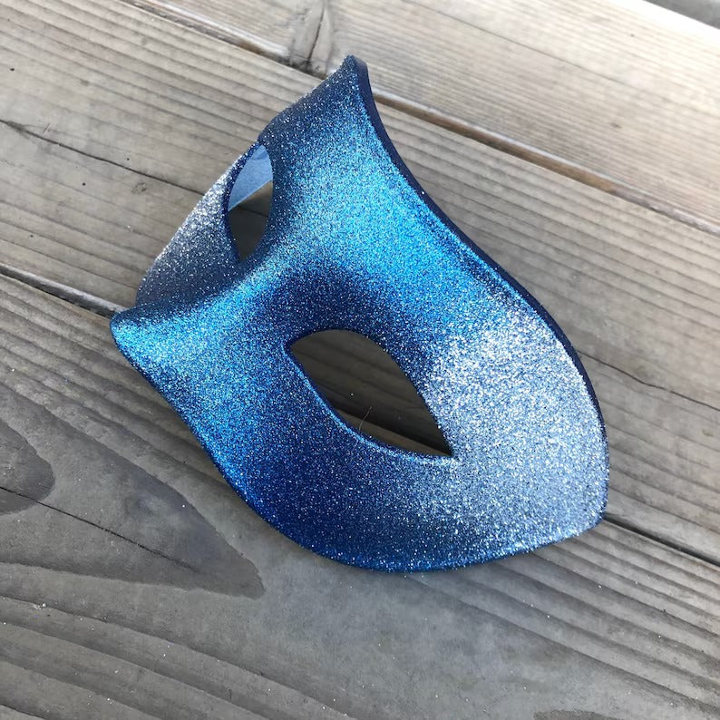 Blue glitter masquerade half-face mask, sparkly unisex party mask.