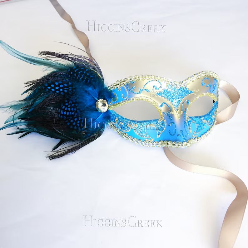 Elegant blue and gold masquerade mask with feathers and rhinestone, Venetian ball costume mask.