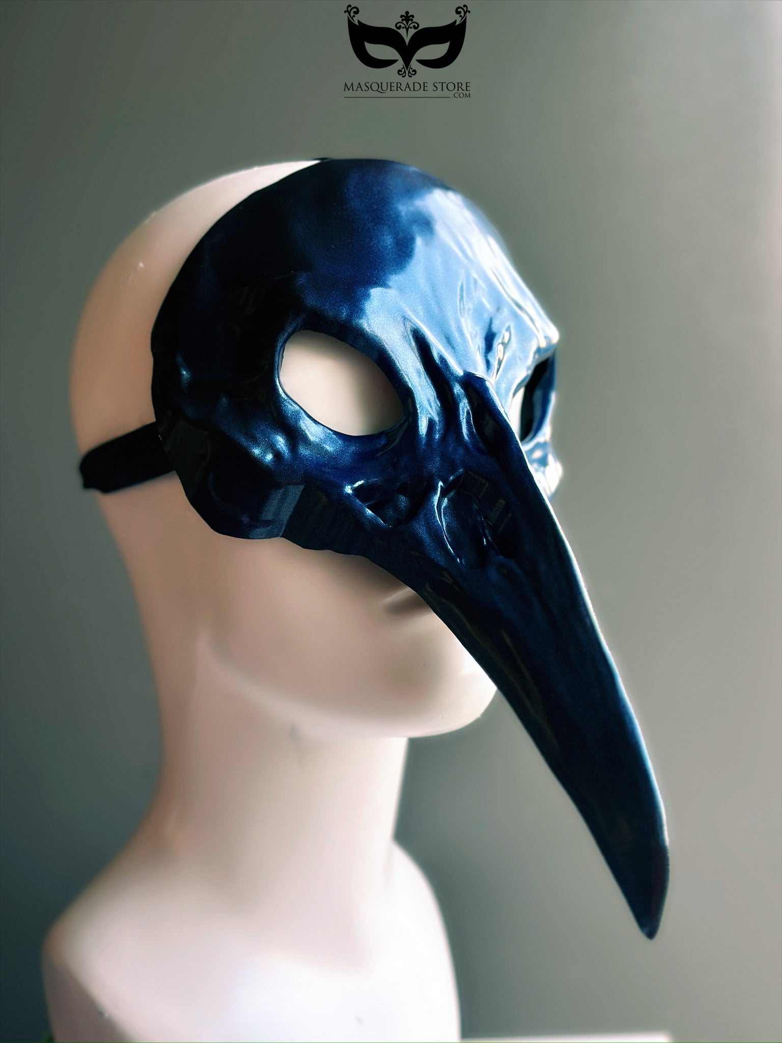 Blue plague doctor masquerade mask with long nose design and metallic finish, perfect for Venetian balls, gothic costumes, and theatrical use.