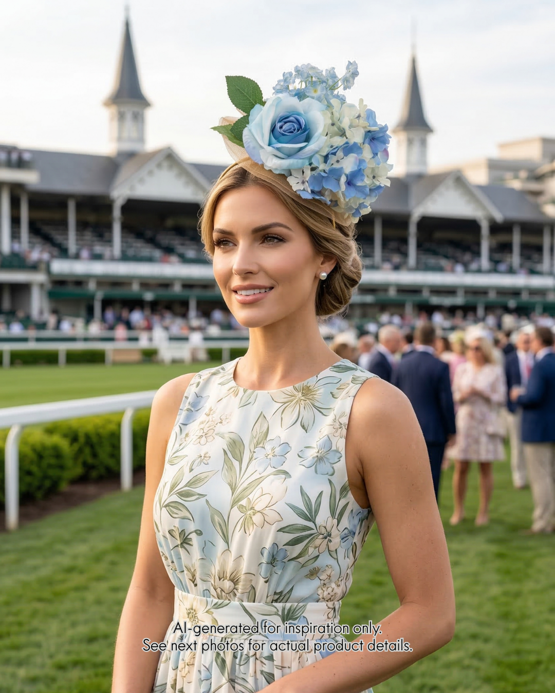 Blue rose and hydrangea fascinator hat with mesh base for weddings and garden party events.