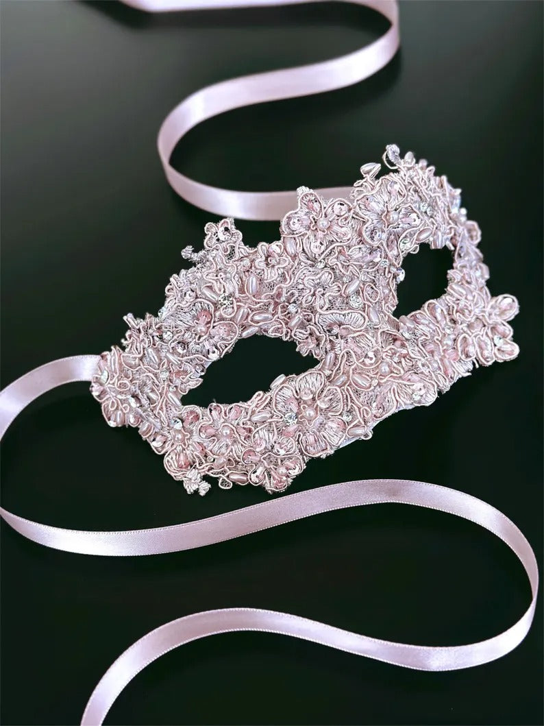 Blush Bloom lace masquerade mask with pink floral embroidery and crystals for prom, bridal, or ball.
