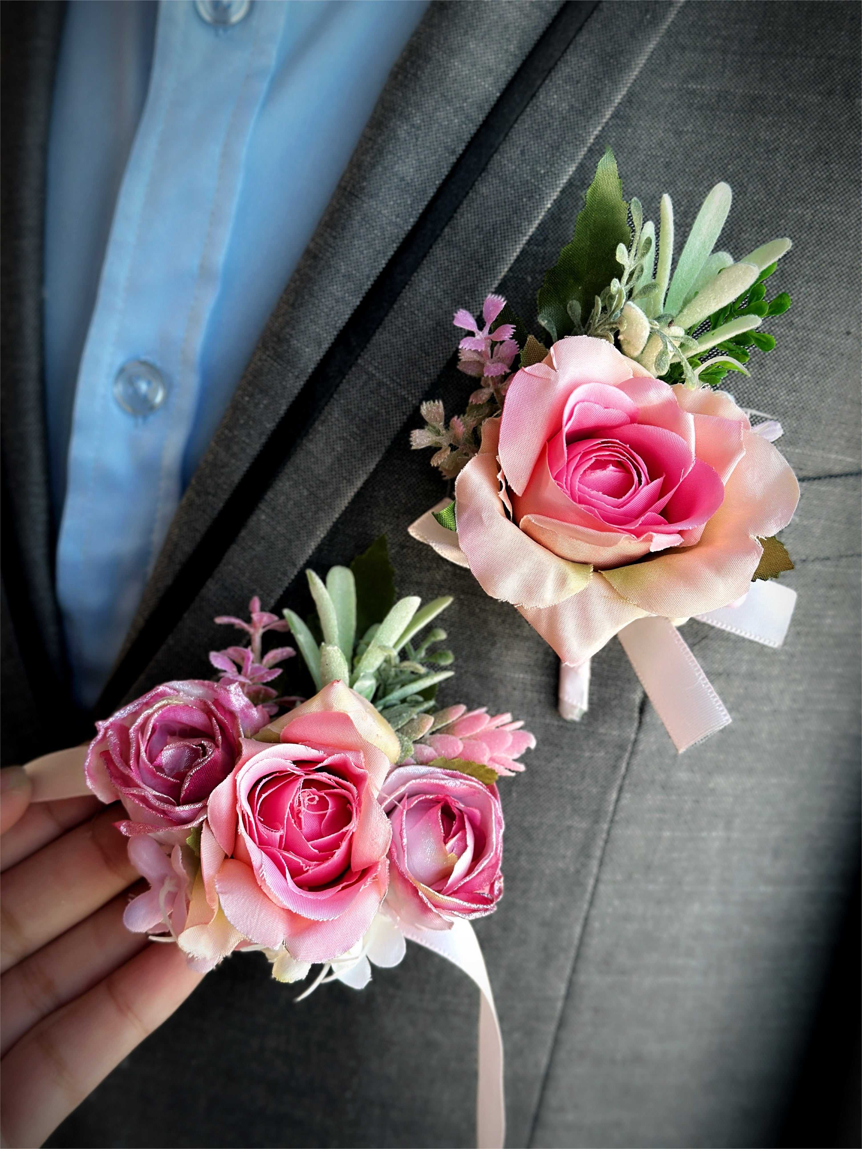 Ansuma Hot Pink Rose Corsage & Boutonniere Set - Real Touch Artificial Flowers For Prom/Wedding