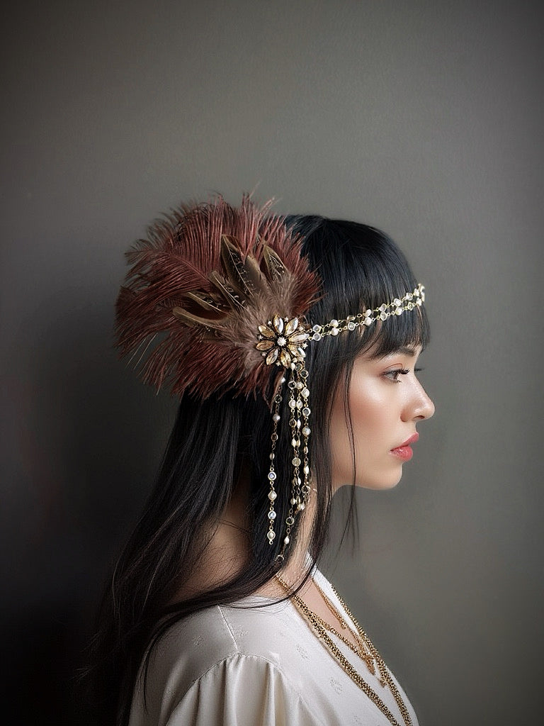Brown feather boho flapper headband with gold floral accents and pearl tassels, perfect for Gatsby-themed and boho events.