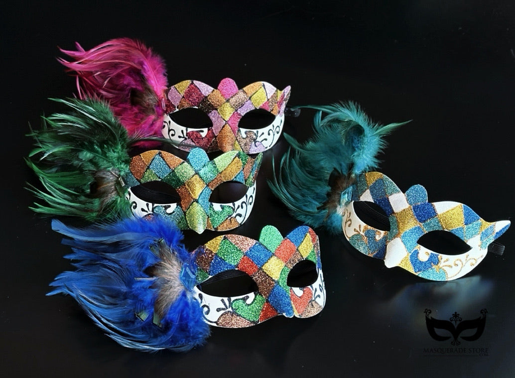 Bulk Harlequin masquerade masks featuring glitter diamond patterns, colorful feather plumes, and Venetian Carnival styling.