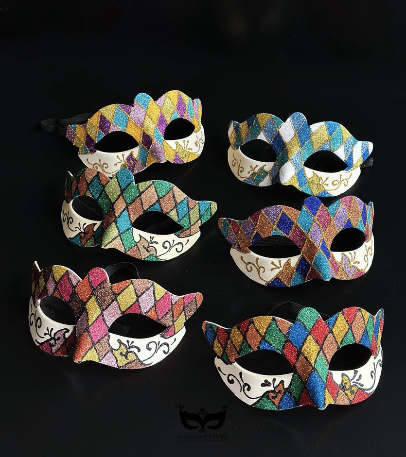 Bulk Harlequin glitter masquerade masks featuring multicolor diamond patterns, Venetian Carnival styling, and decorative scroll detailing.