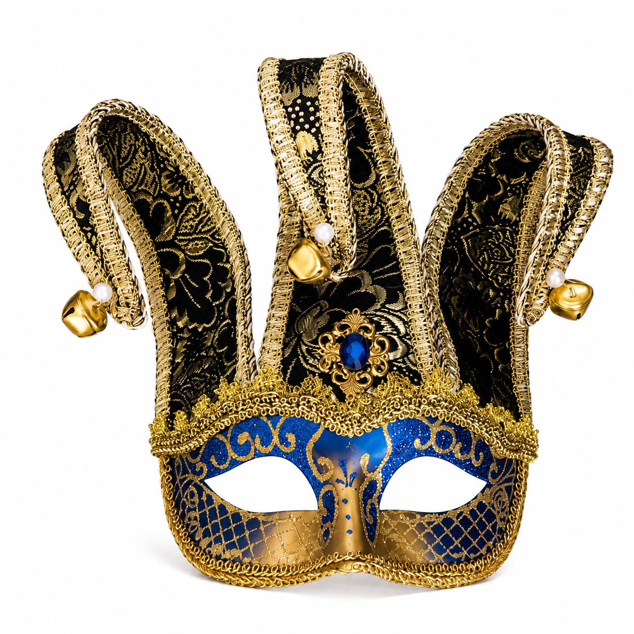Royal Sapphire Revelry – Blue & Gold Jester Mask