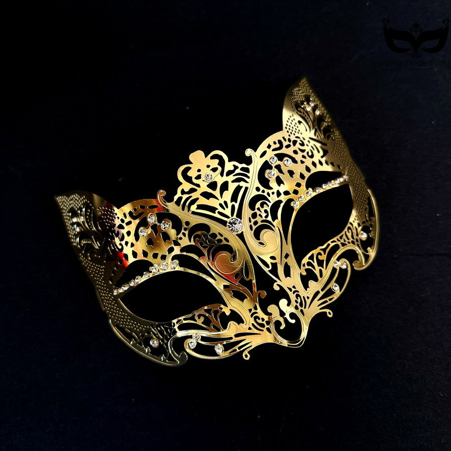 Black metal cat ear masquerade mask with filigree and rhinestones