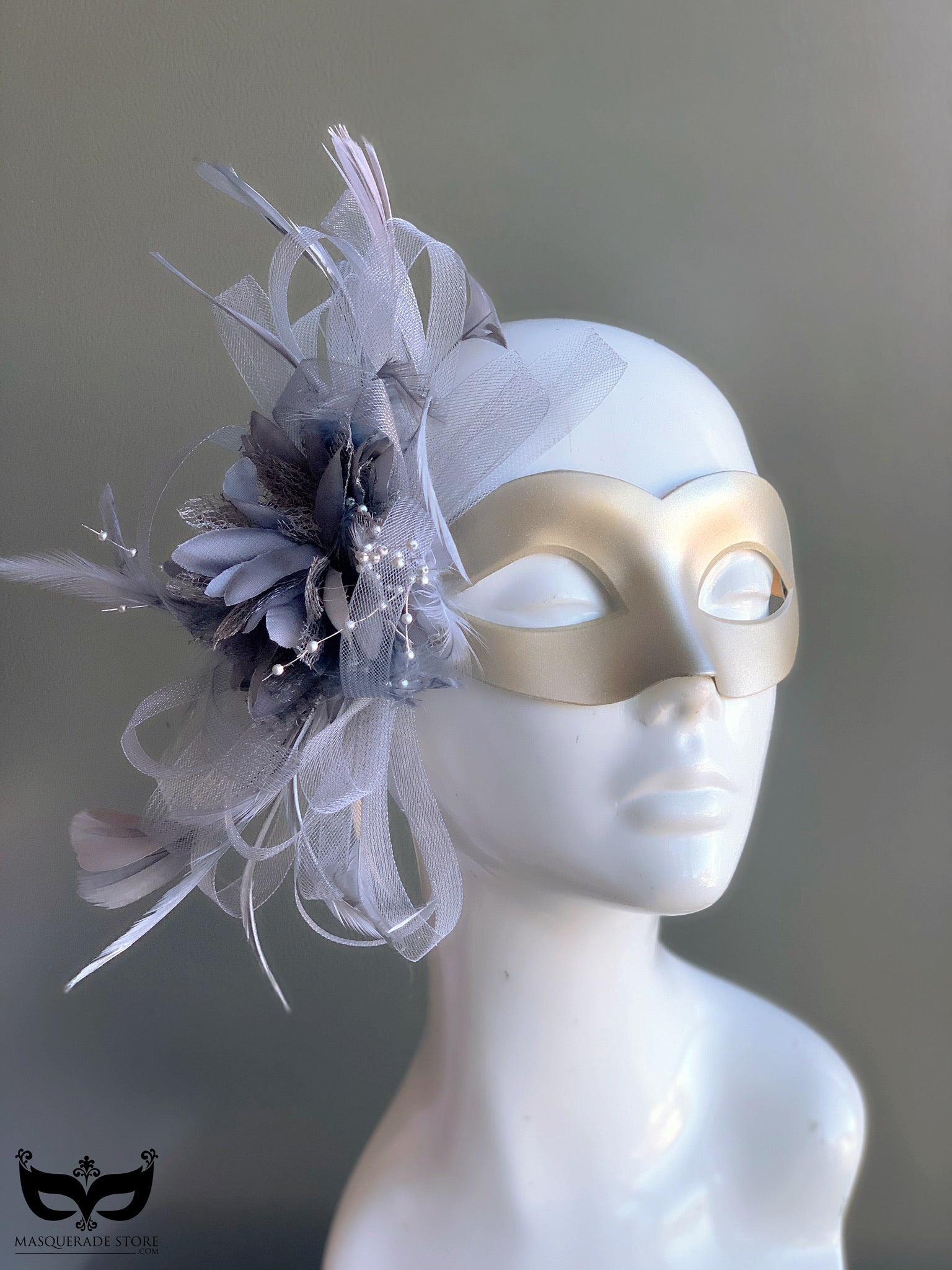 Champagne masquerade mask with feathers and tulle accents