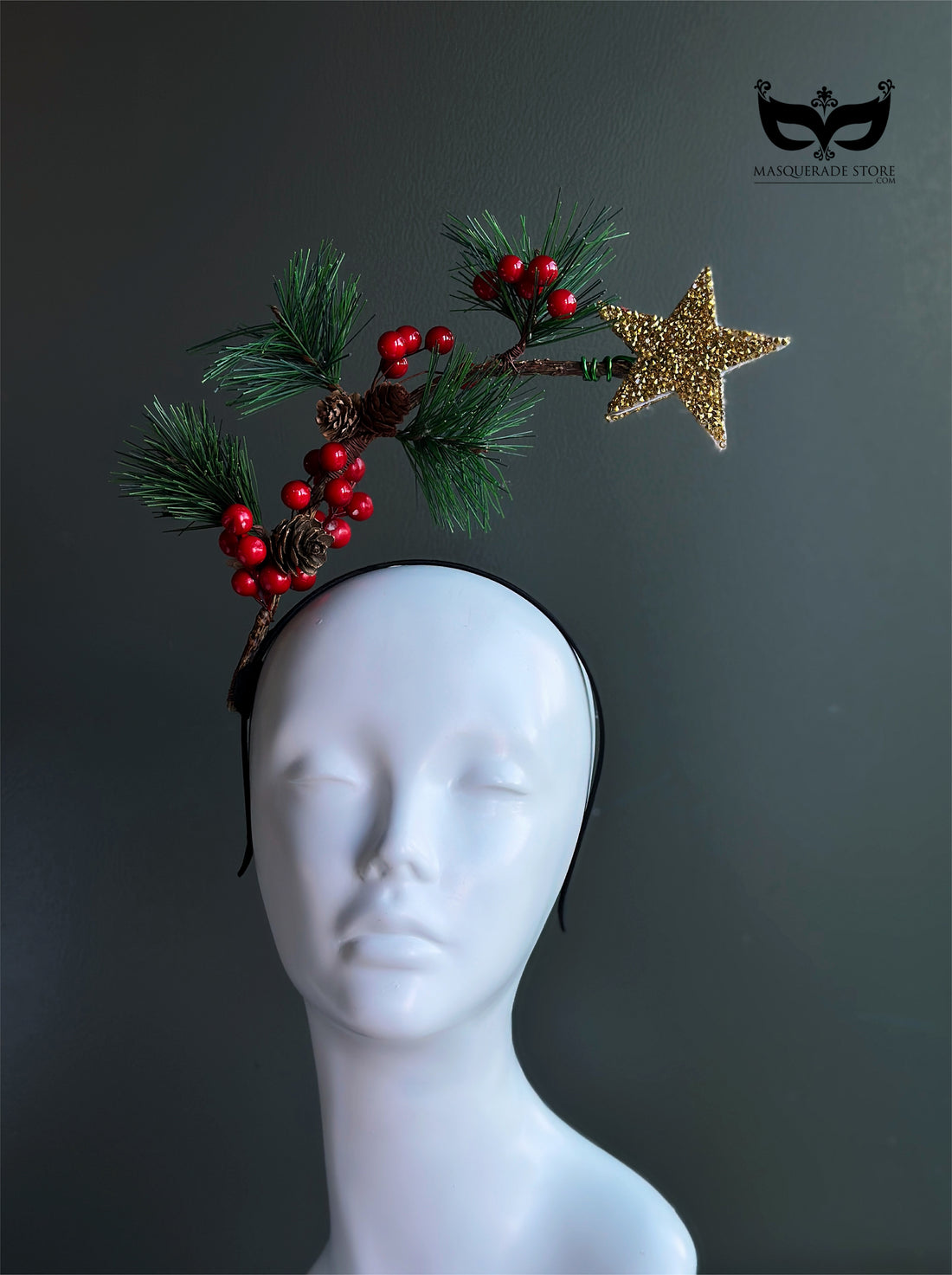 Christmas headband with gold star pine needles red berries and pinecones for holiday outfits and winter parties