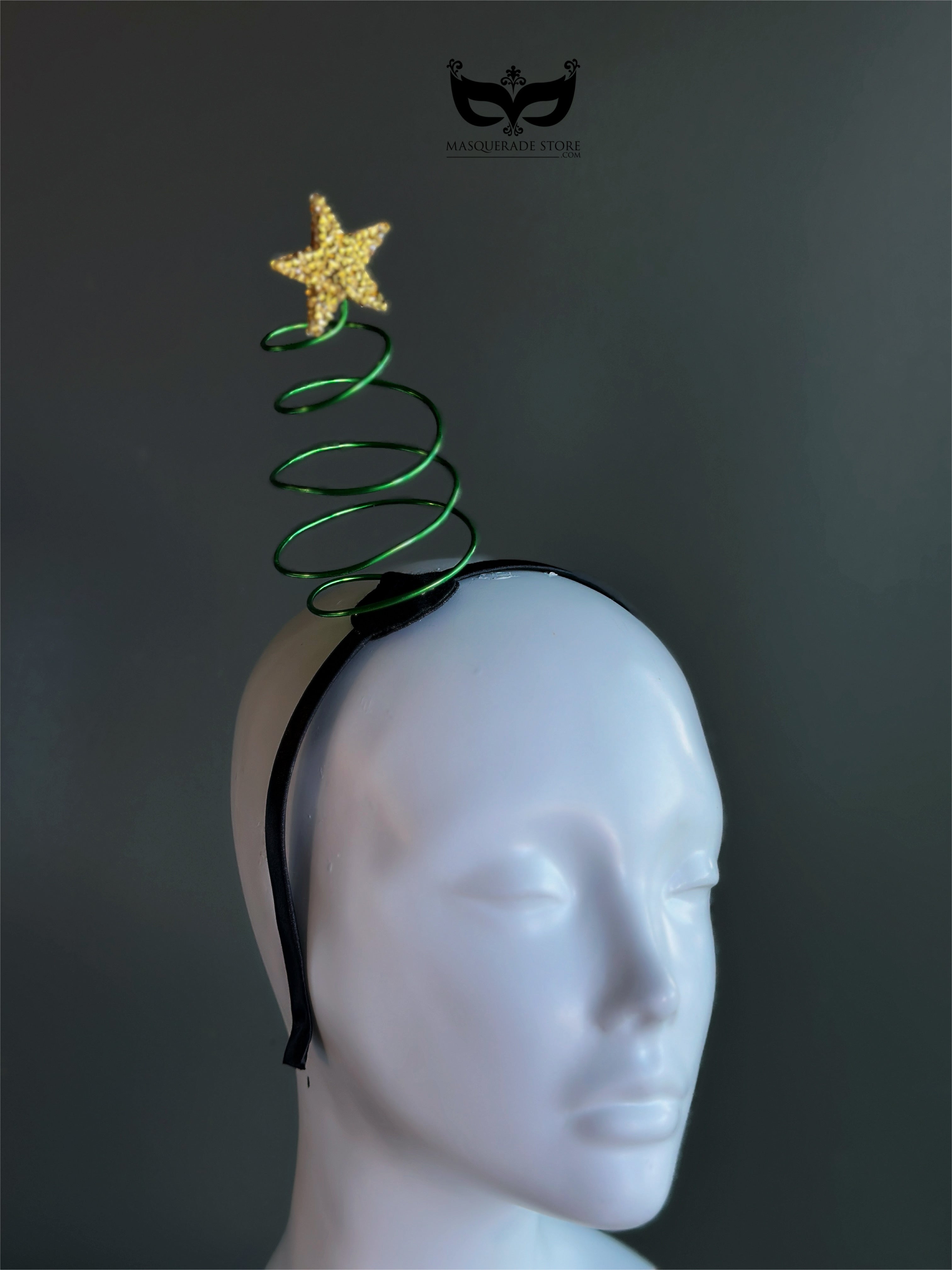 Christmas tree spiral star headband with green metallic coil and glitter gold star
