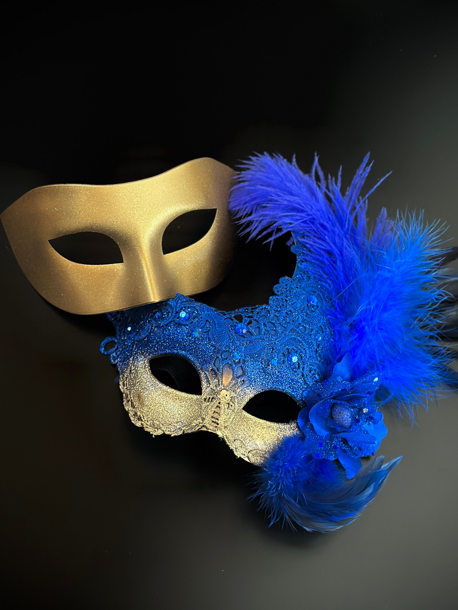 Blue gold couples masquerade mask set featuring lace, gem, feather accents on the women&